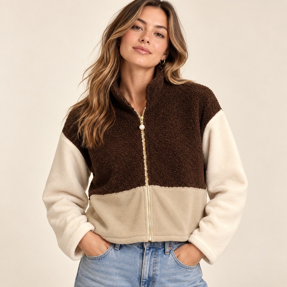 DONNI Sherpa Fleece Colorblock Jacket Womens M Brown Cream Pearl Zipper Pull